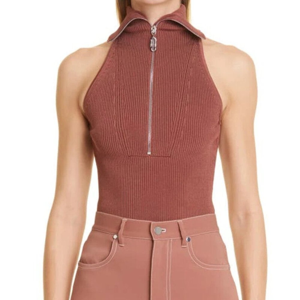 ET OCHS Emily Knit Zipper Top Ribbed Polo Tank Clay Brown Half Zip $695 Large